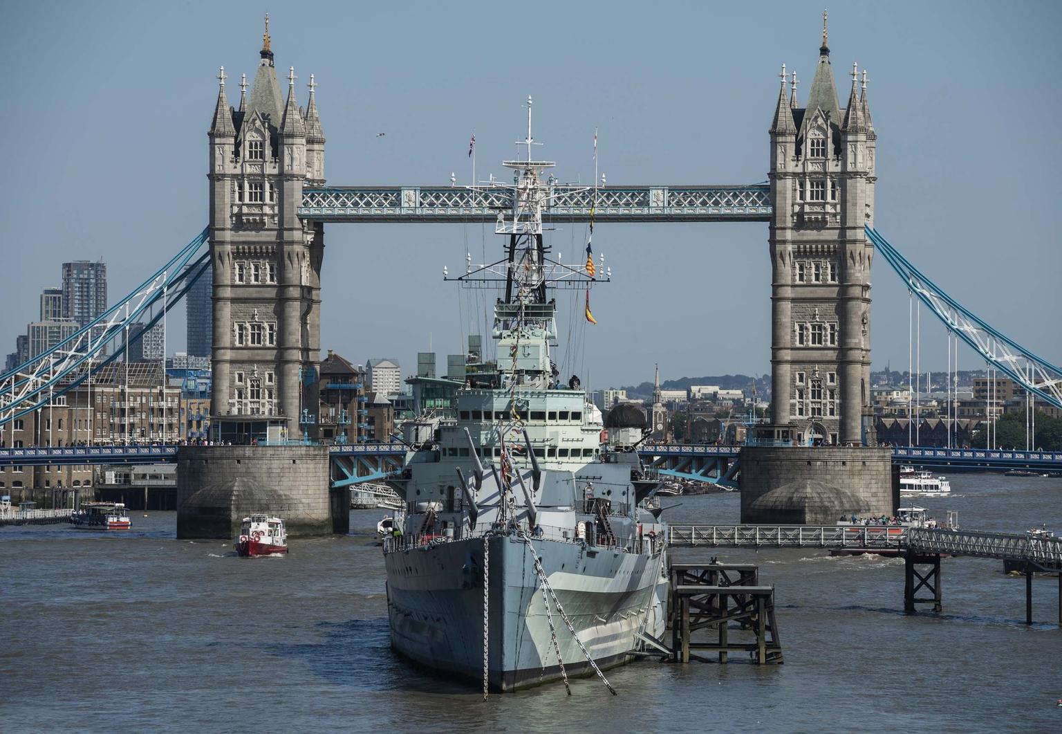 External View of HMS Belfast on the Thames at Summertime...Photographed 23rd July 2019