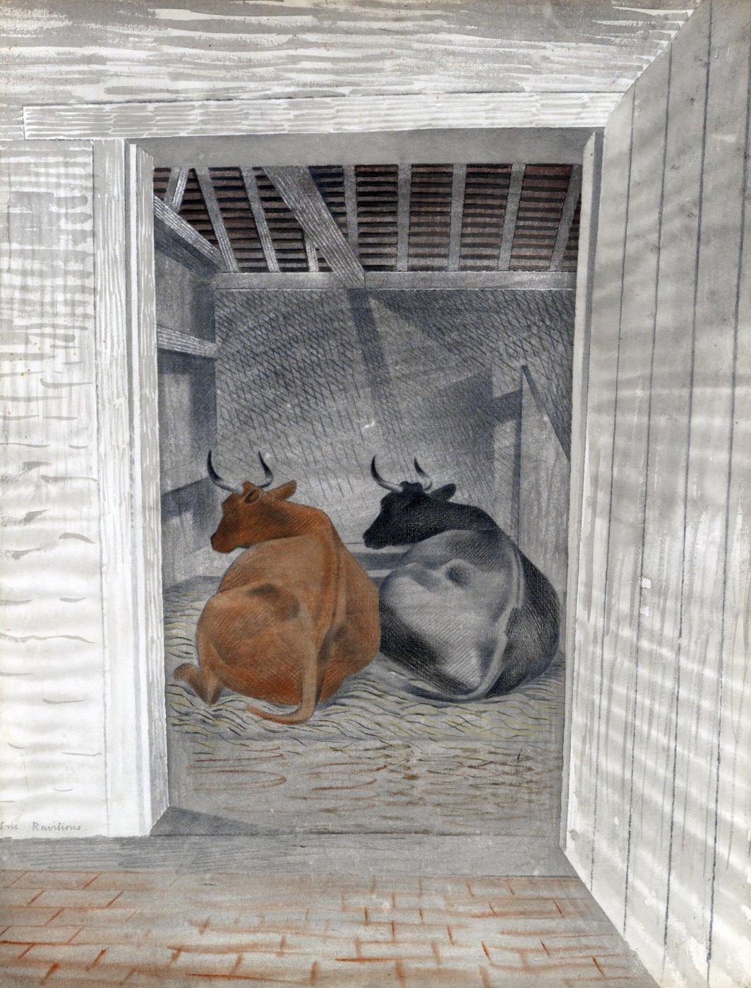 This intimate watercolour of two cows in a barn dates from the period when Eric Ravilious was living in Essex and painting the rural scenes for which he became so admired. Ravilious studied painting and printing in Eastbourne and at the Royal College of Art in London, where he was taught by Paul Nash. In the early 1930s he moved with his wife from London to Essex, where they shared a house in Great Bardfield with the artist Edward Bawden and his family. The Fry Art Gallery's collection focuses on work by 20th- and 21st-century artists who have lived or worked in northwest Essex. It has particularly strong holdings of Great Bardfield artists, including Ravilious, Bawden, Michael Rothenstein and Sheila Robinson. This painting now becomes a highlight of the collection.
