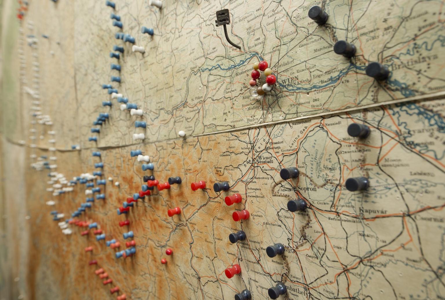 Detail view of Maps on the wall in the Map Room Annexe at Churchill War Rooms. Photographed18th March 2015