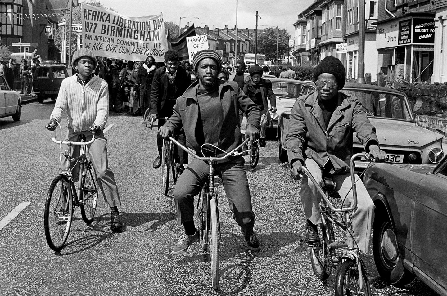 Vanley Burke, Outriders Head the African Liberation Day Rally, Rookery Road, Handsworth, 1977
