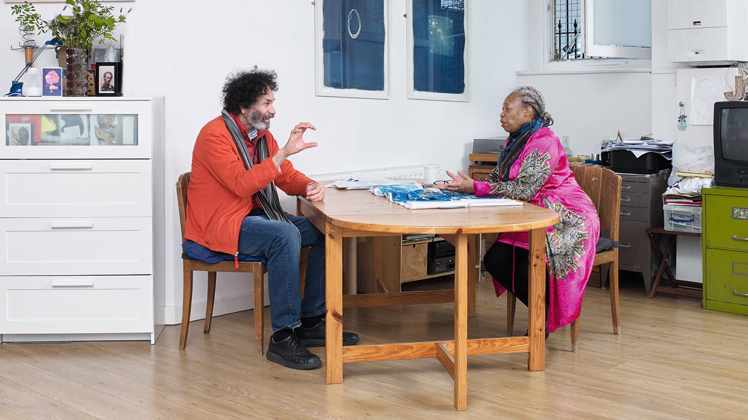 Hew Locke and Joy Gregory at Gregory's London studio, 2021