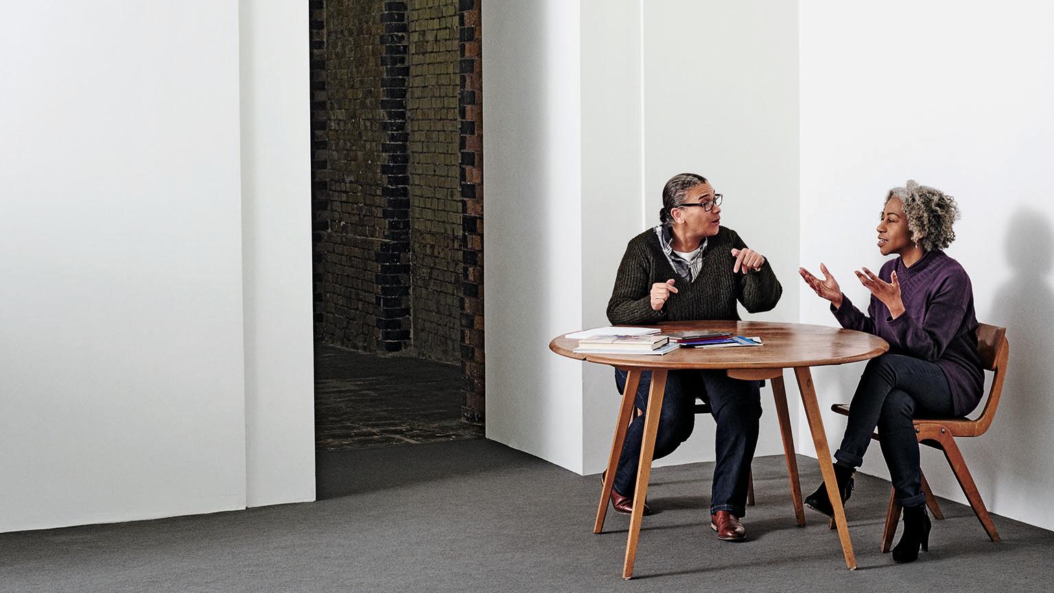 Lubaina Himid (left) and Marlene Smith (right) in conversation at Himid’s London gallery, Hollybush Gardens, in 2017