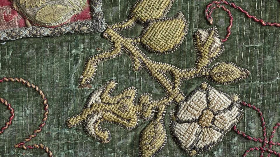 Close-up view of needlework by Mary Queen of Scots and Bess of Hardwick