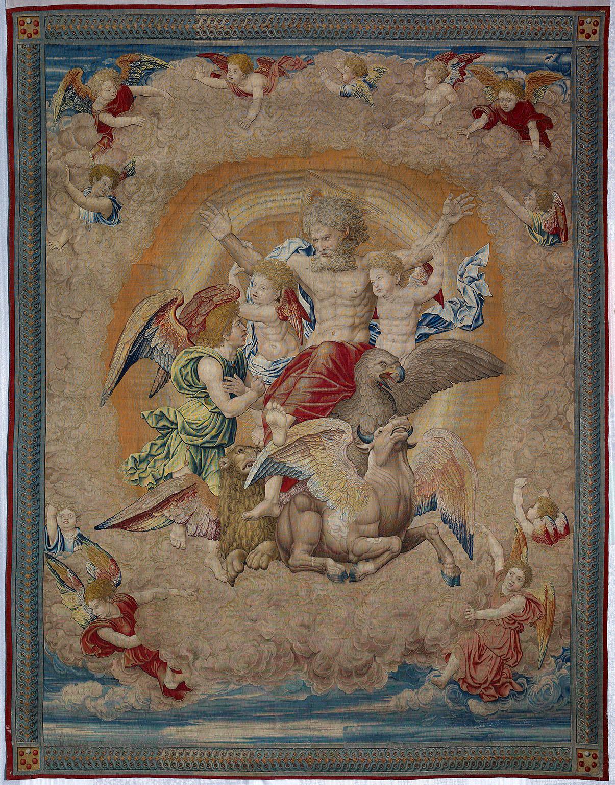 Workshop of Pieter van Aelst, from a cartoon by Tommaso Vincidor, after a design by Raphael, tapestry, God the Father accompanied by Symbols of the Trinity (‘The Vision of Ezekiel’), 1518