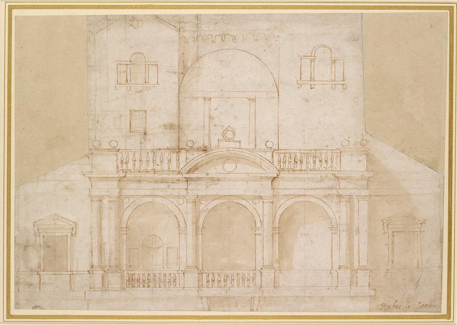Raphael, elevation drawing of a villa project (recto), c1516