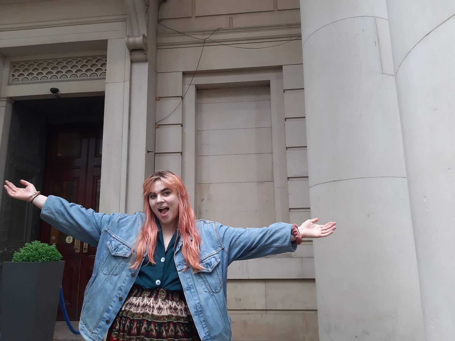 Daisy outside Manchester Art Gallery.